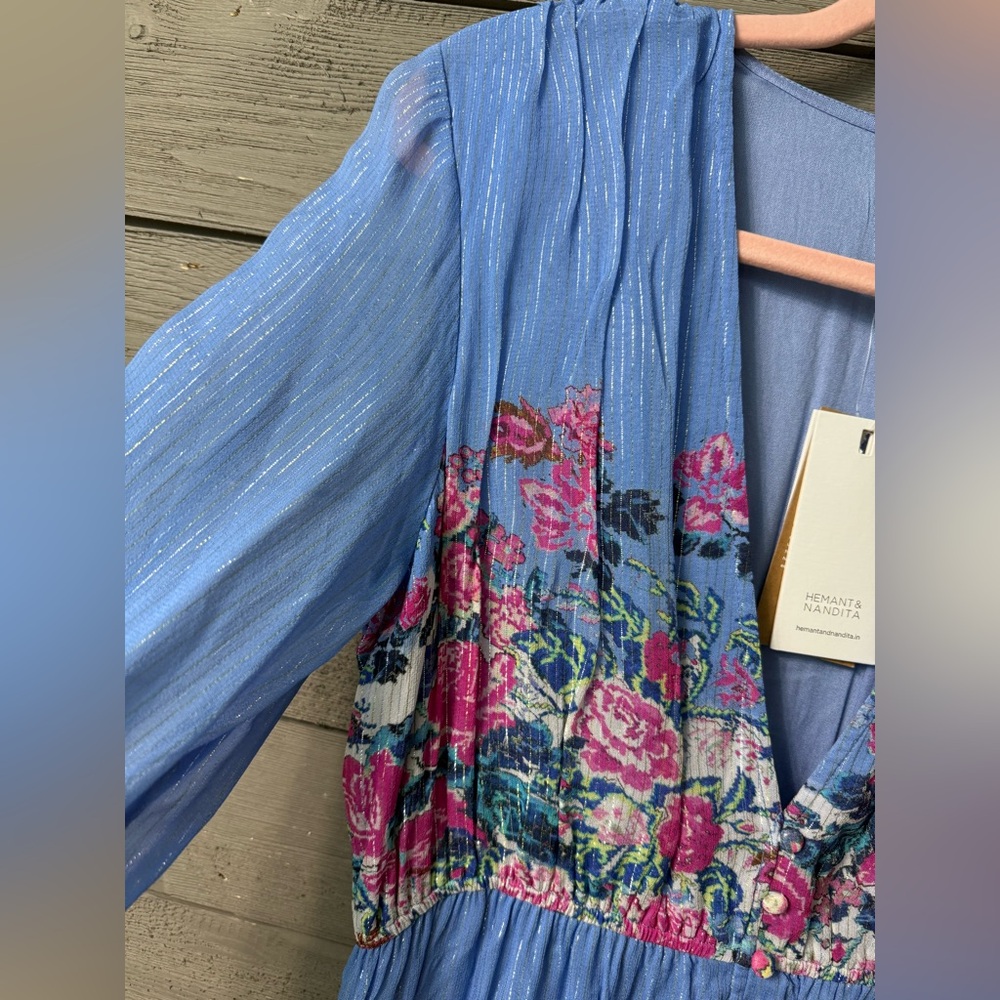 NWT Hemant & Nandita Mila Floral Metallic Stripe Dress Stone Blue L Valentines - Picture 9 of 16